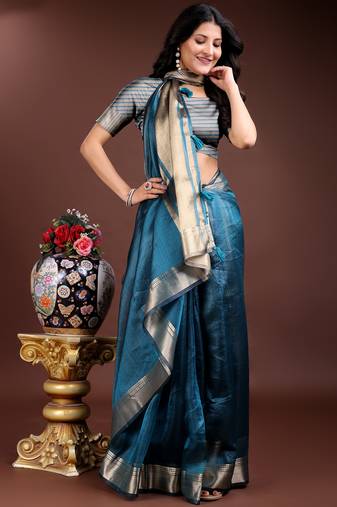 Blue color solid zari border plain orgenza saree