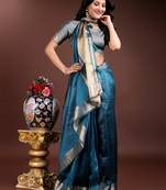 Blue color solid zari border plain orgenza saree
