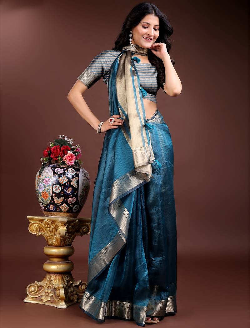 Blue color solid zari border plain orgenza saree