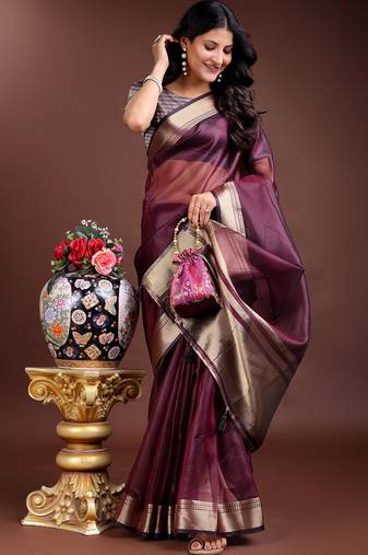 purple color solid zari border plain orgenza saree