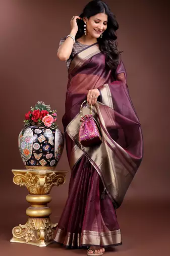 purple color solid zari border plain orgenza saree