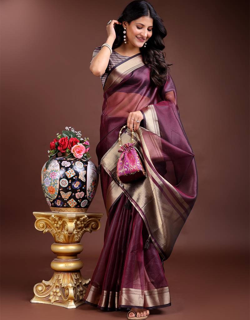 purple color solid zari border plain orgenza saree