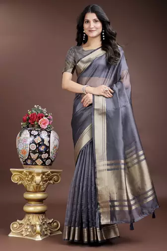 grey color solid zari border plain orgenza saree