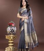 grey color solid zari border plain orgenza saree