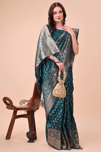 turquoise color woven work lichi art silk blend saree