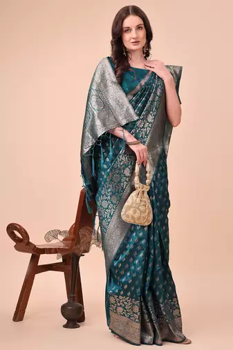 turquoise color woven work lichi art silk blend saree