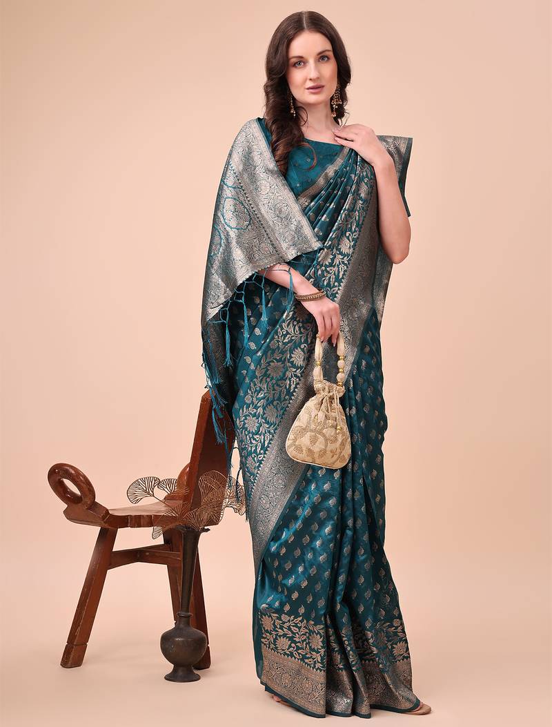 turquoise color woven work lichi art silk blend saree