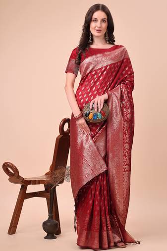 red color woven work lichi art silk blend saree