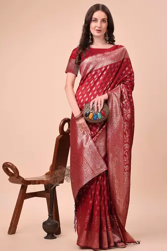 red color woven work lichi art silk blend saree