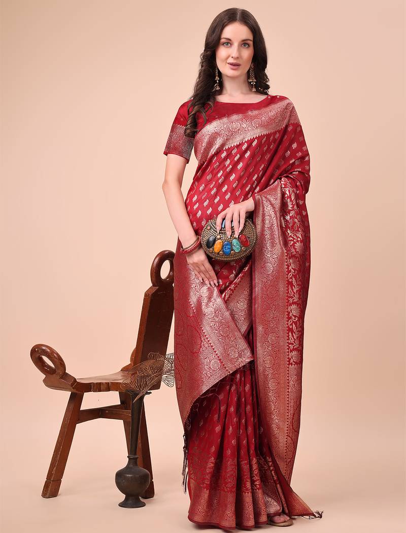 red color woven work lichi art silk blend saree