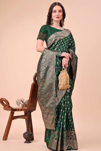 green color woven work lichi art silk blend saree