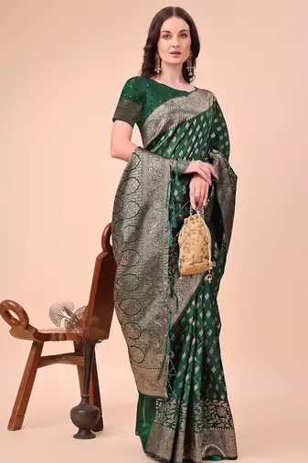 green color woven work lichi art silk blend saree