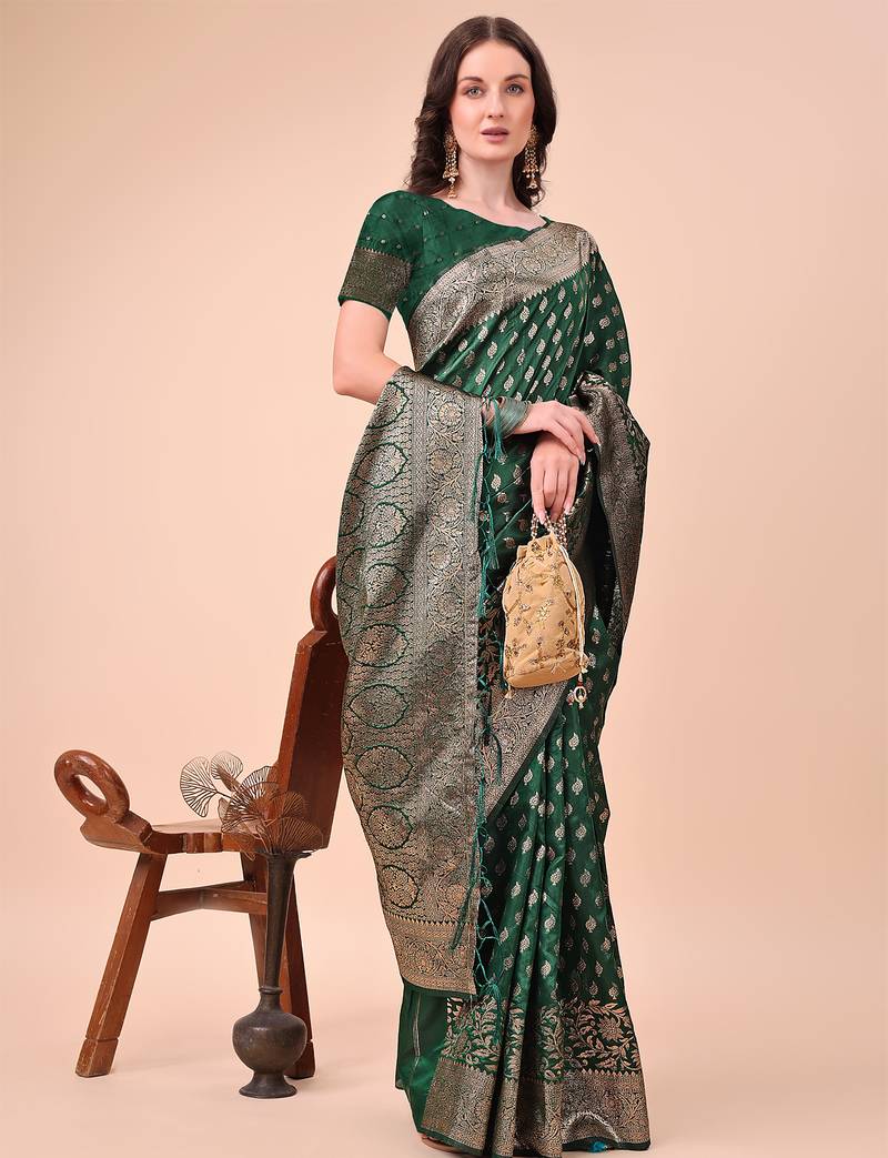 green color woven work lichi art silk blend saree