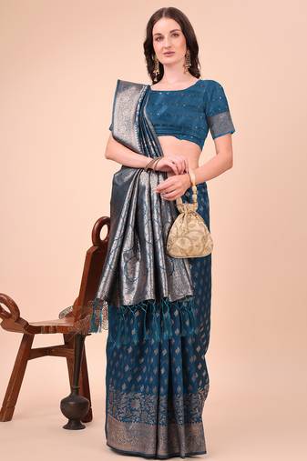 blue color woven work lichi art silk blend saree