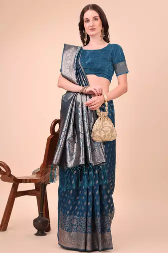 blue color woven work lichi art silk blend saree