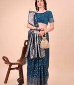 blue color woven work lichi art silk blend saree