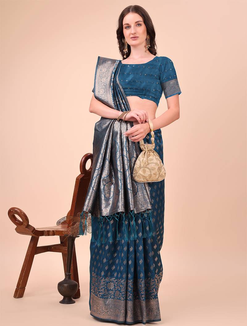 blue color woven work lichi art silk blend saree