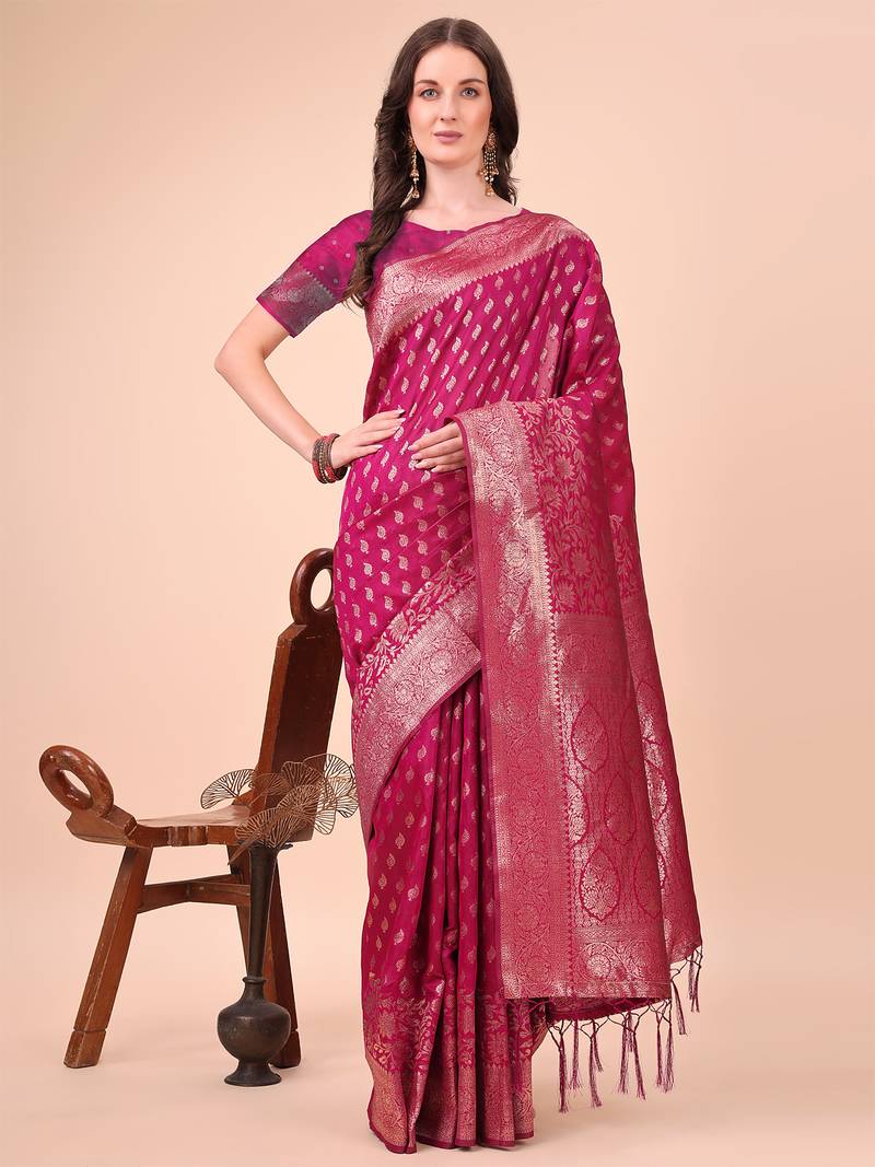 magenta color woven work lichi art silk blend saree