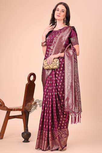 purple color woven work lichi art silk blend saree