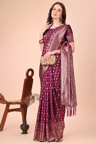 purple color woven work lichi art silk blend saree