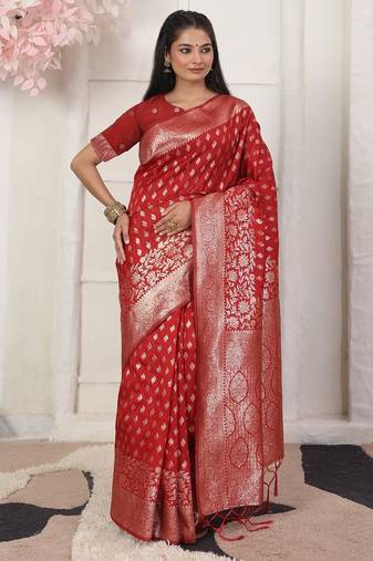red color woven work lichi art silk blend saree
