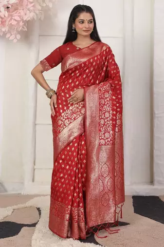 red color woven work lichi art silk blend saree