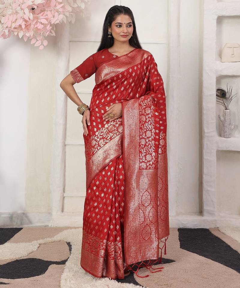 red color woven work lichi art silk blend saree