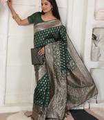 Green color woven work lichi art silk blend saree
