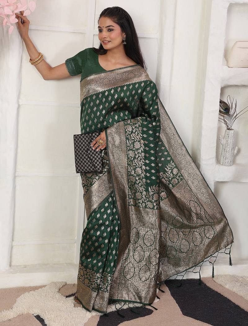Green color woven work lichi art silk blend saree