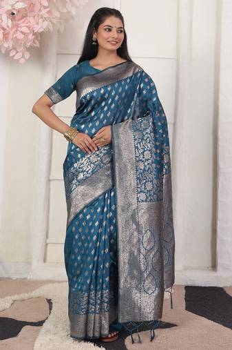 Blue color woven work lichi art silk blend saree