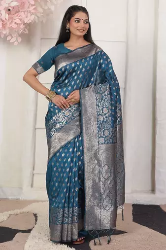 Blue color woven work lichi art silk blend saree