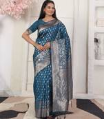 Blue color woven work lichi art silk blend saree
