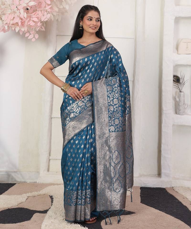 Blue color woven work lichi art silk blend saree