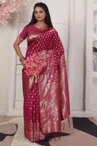 Pink color woven work lichi art silk blend saree