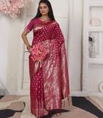 Pink color woven work lichi art silk blend saree