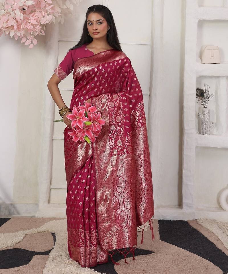 Pink color woven work lichi art silk blend saree