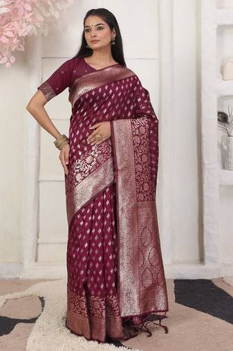Maroon color woven work lichi art silk blend saree