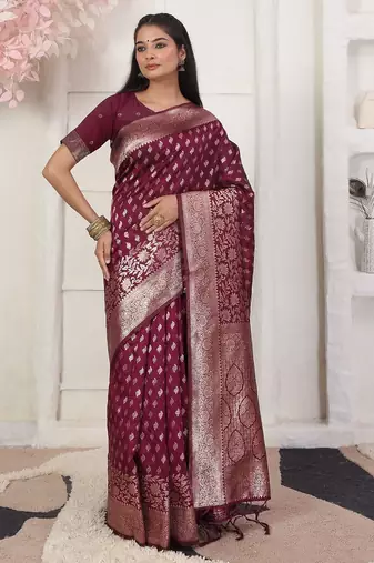 Maroon color woven work lichi art silk blend saree