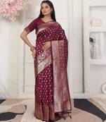 Maroon color woven work lichi art silk blend saree