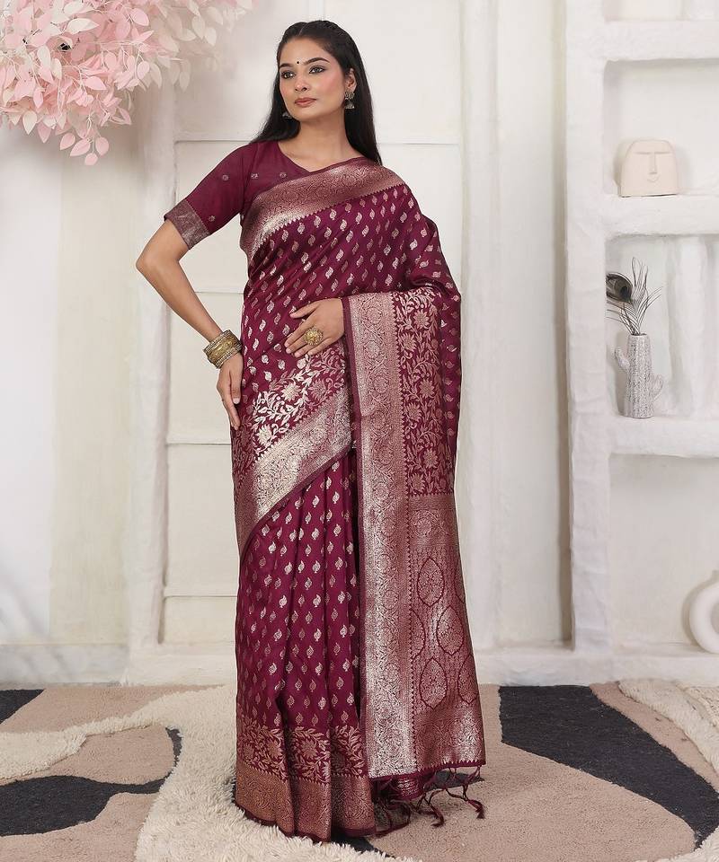 Maroon color woven work lichi art silk blend saree