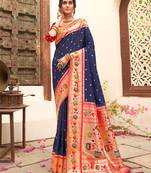 navy blue color woven work art silk blend wedding saree