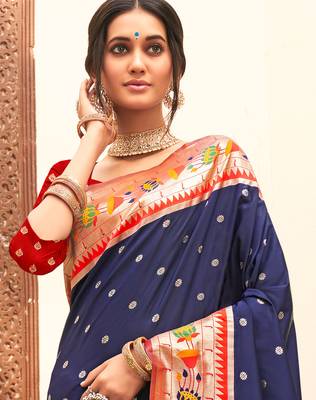 navy blue woven work art silk blend wedding saree 3