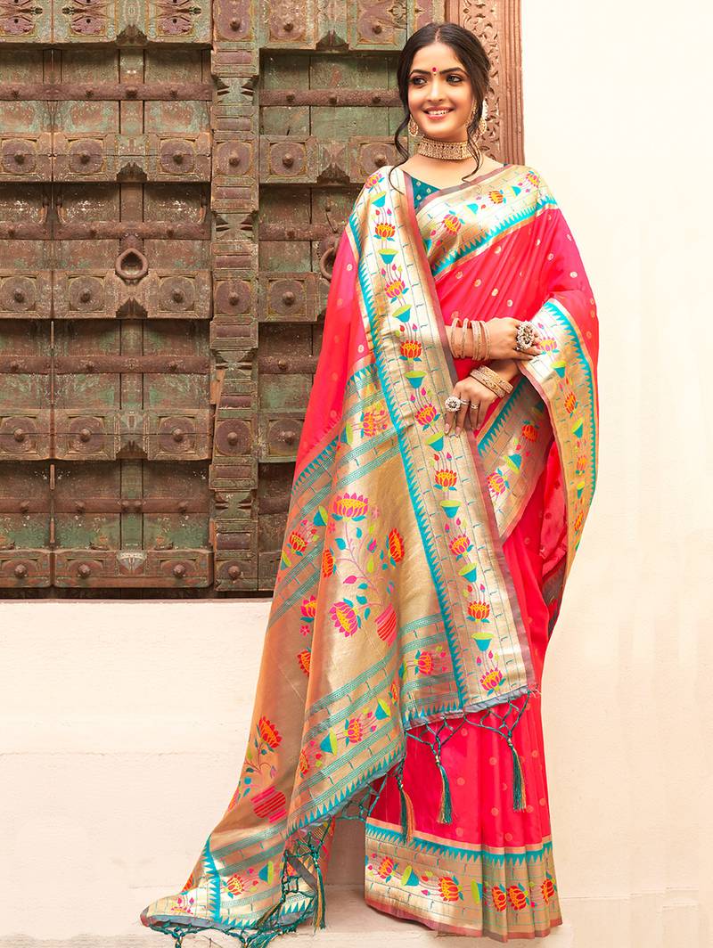 pink color woven work art silk blend wedding saree
