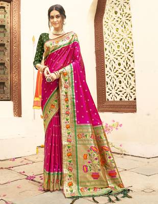 magenta color woven work art silk blend wedding saree 1