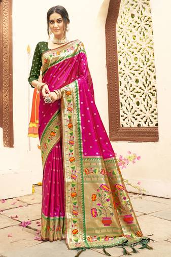magenta color woven work art silk blend wedding saree