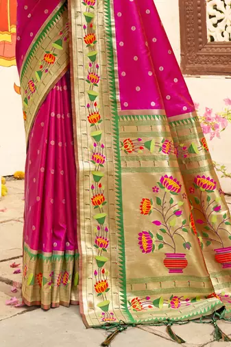magenta color woven work art silk blend wedding saree