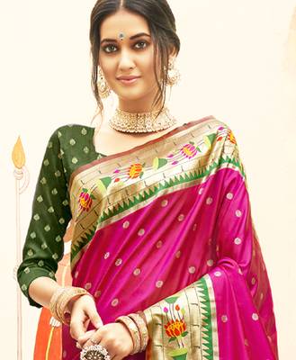 magenta color woven work art silk blend wedding saree 3
