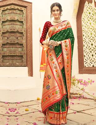 dark green color woven work art silk blend wedding saree 1
