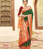 dark green color woven work art silk blend wedding saree