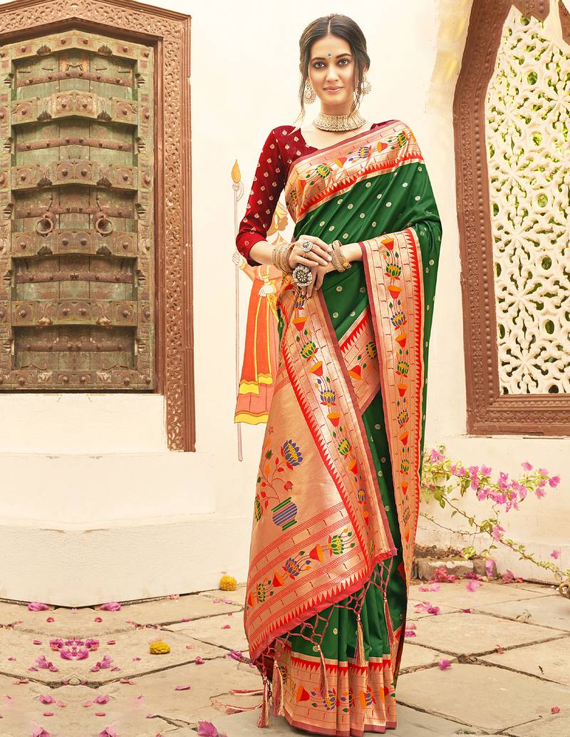 dark green color woven work art silk blend wedding saree